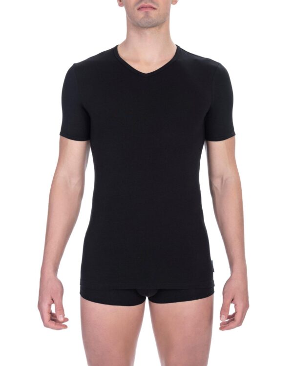 Fanno-Black Cotton V-Neck T-Shirt for Men Comfortable Minimalist Casual Wear