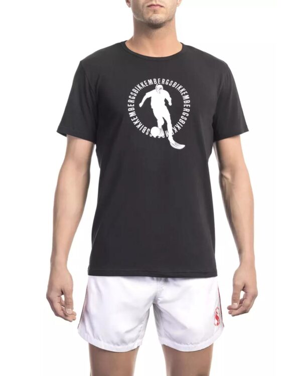 Fanno-Black Cotton Front Print T-Shirt with Logo Detail for Men