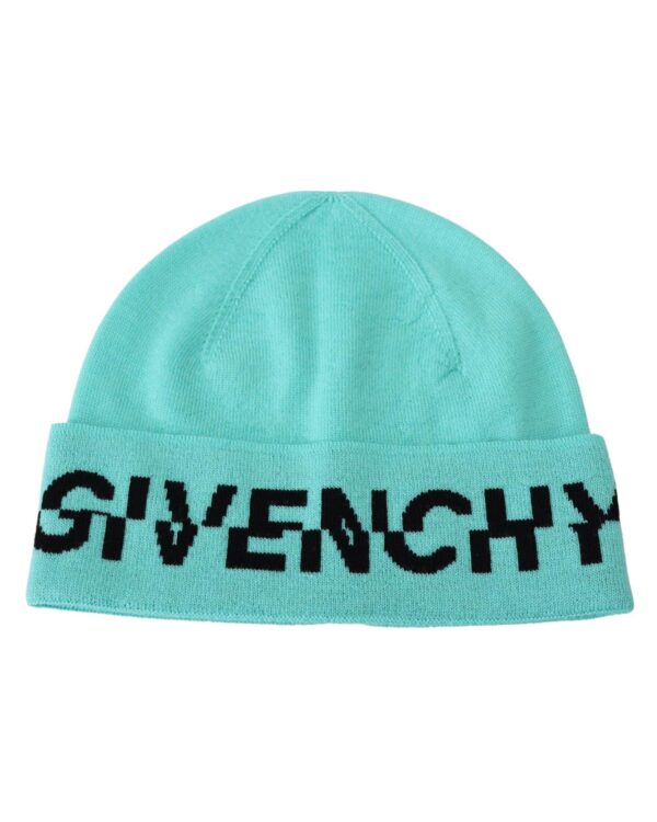 Fanno-Unisex Wool Beanie Hat in Aquamarine Green with Black Logo Made in Italy