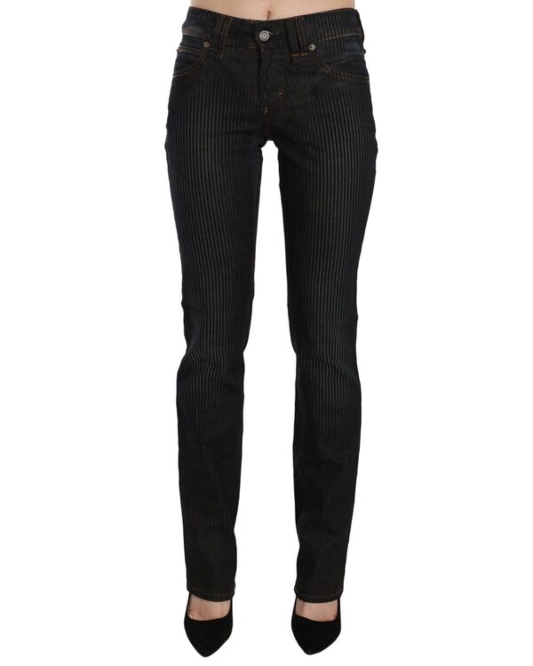 Fanno-Mid Waist Slim Fit Black Corduroy Jeans with Logo Details for Women W28