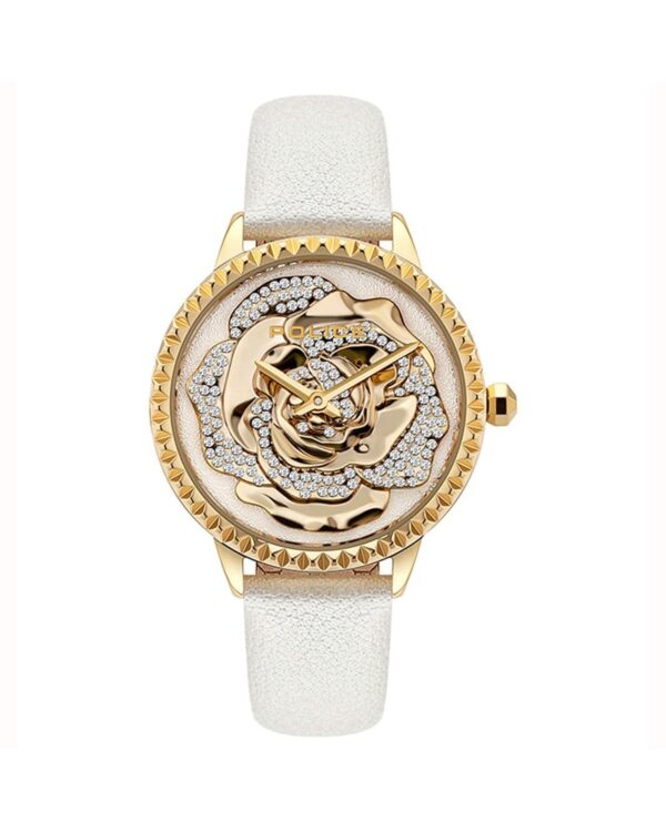 Fanno-Women's Gold Watch with Rhinestone Face and White Leather Band Fashion