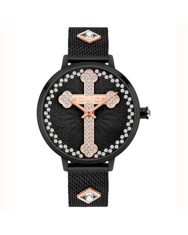 Fanno-Black Women's Analog Watch with Rhinestone Face Stainless Steel Water-Resistant