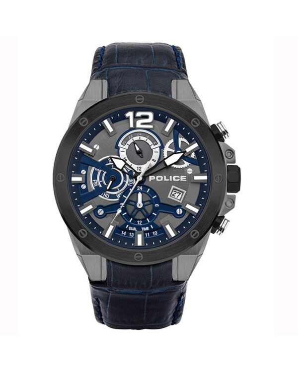 Fanno-Men's Black Watch with Blue Display Multi-Function Stainless Steel and Leather Band