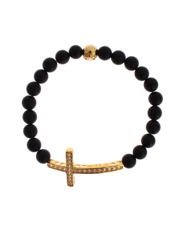 Fanno-Gold Plated Sterling Silver Bracelet with Matte Onyx Beads and CZ Diamond Cross