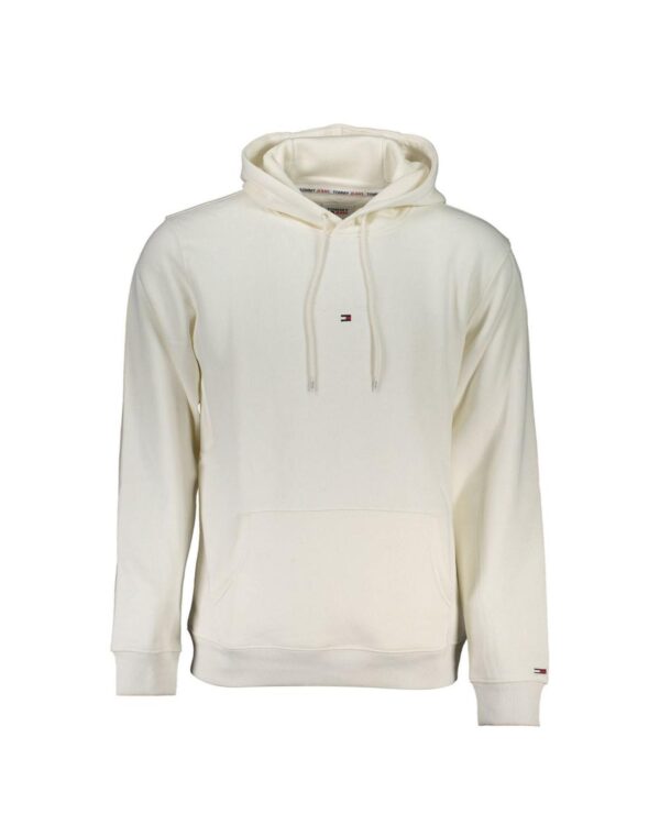 Fanno-Men's White Cotton Long-Sleeved Hooded Sweatshirt with Pocket and Embroidery