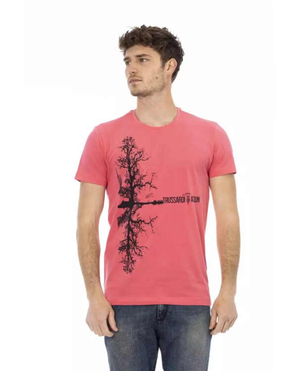 Fanno-Pink Cotton Short Sleeve T-Shirt with Round Neck and Front Print for Men