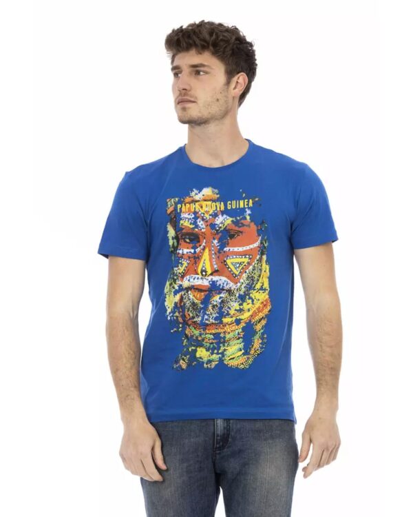 Fanno-Blue Cotton Short Sleeve T-Shirt with Round Neck and Front Print for Men