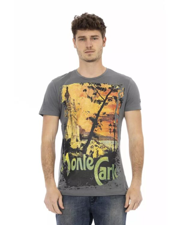 Fanno-Gray Cotton Short Sleeve T-Shirt with Round Neck and Front Print for Men