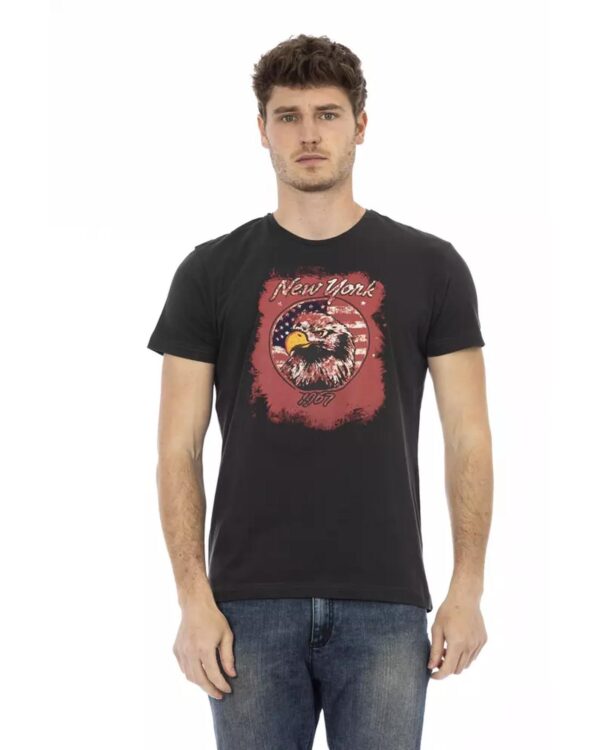 Fanno-Black Cotton Short Sleeve T-Shirt with Round Neck and Front Print for Men