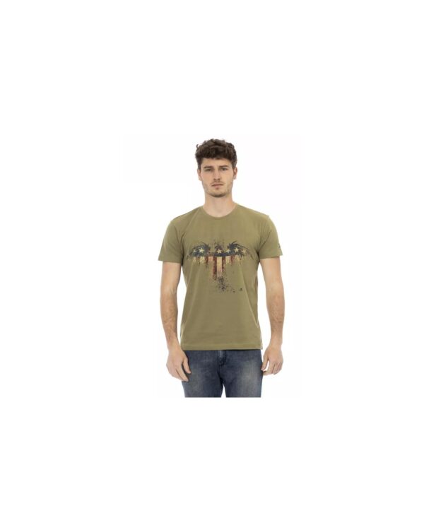 Fanno-Green Cotton Short Sleeve T-Shirt for Men with Round Neck and Front Print