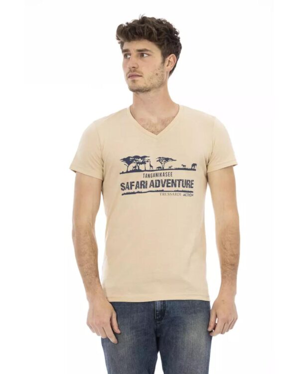 Fanno-Beige Cotton Short Sleeve V-neck T-shirt for Men with Front Print Stylish Comfort