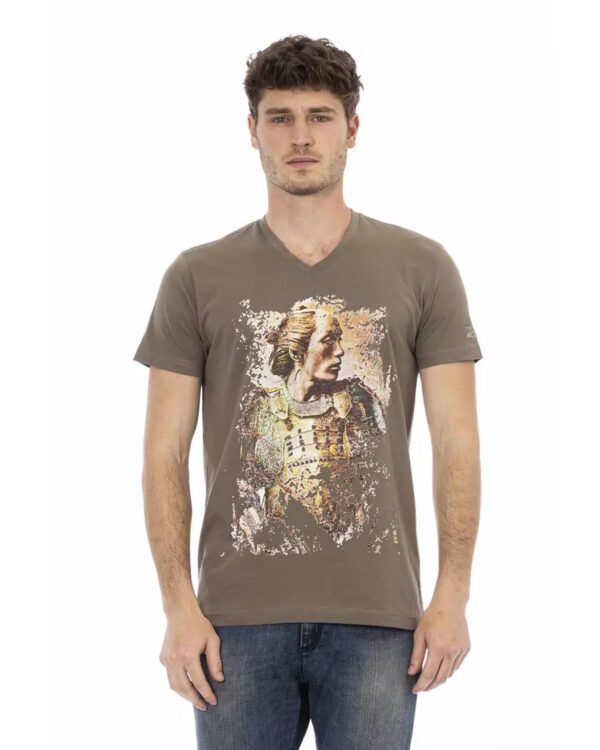 Fanno-Brown Cotton Short Sleeve V-Neck T-Shirt with Front Print for Men XL Size