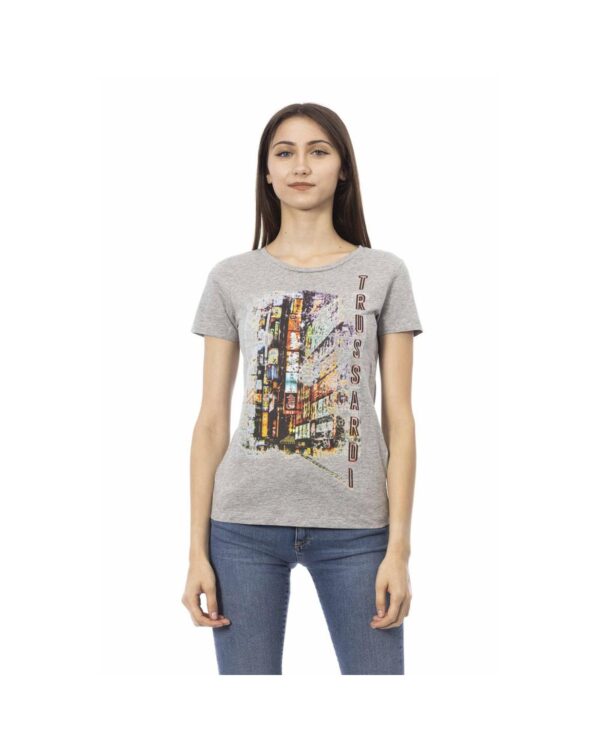 Fanno-Chic Gray Short Sleeve Cotton Blend Tee for Women with Unique Front Print