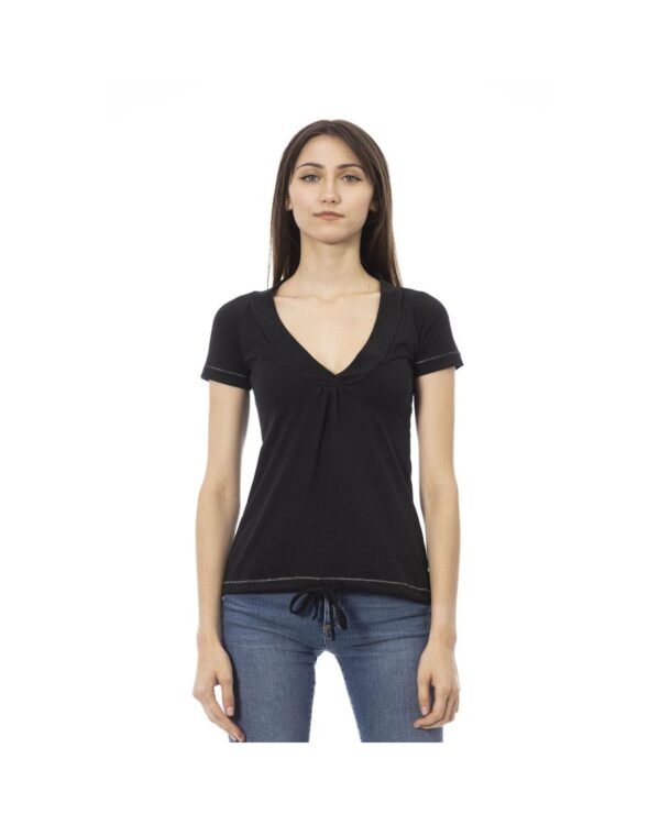 Fanno-Chic Black Short Sleeve T-Shirt for Women with Unique Front Print and Round Neck