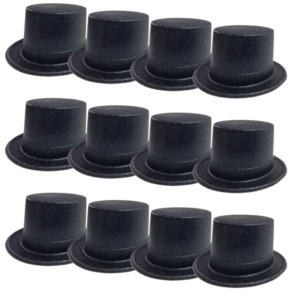 Fanno-12x GLITTER TOP HAT Fancy Party Plastic Costume Tall Cap Fun Dress Up BULK - Black