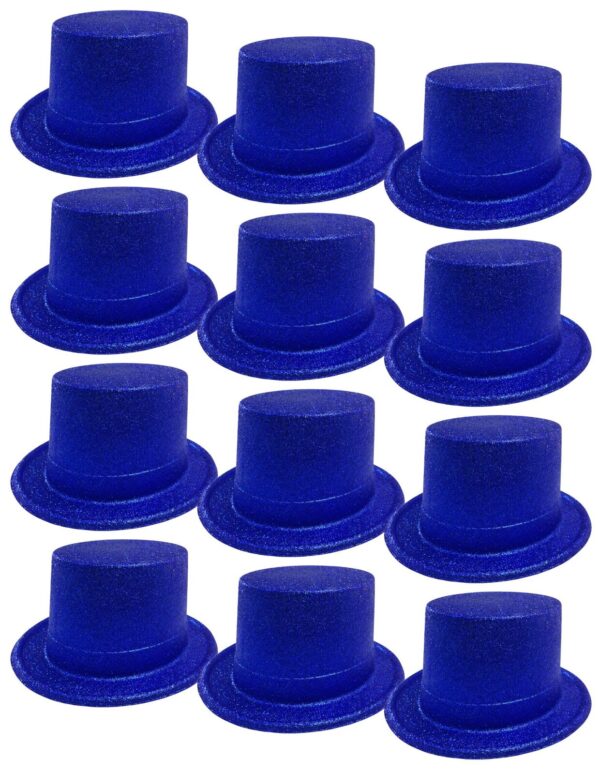 Fanno-12x GLITTER TOP HAT Fancy Party Plastic Costume Tall Cap Fun Dress Up BULK - Blue