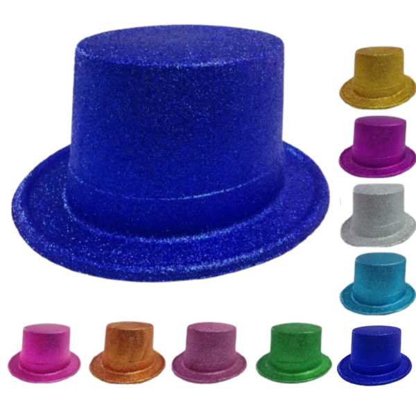 Fanno-12x GLITTER TOP HAT Fancy Party Plastic Costume Tall Cap Fun Dress Up BULK - Mixed Colour Pack