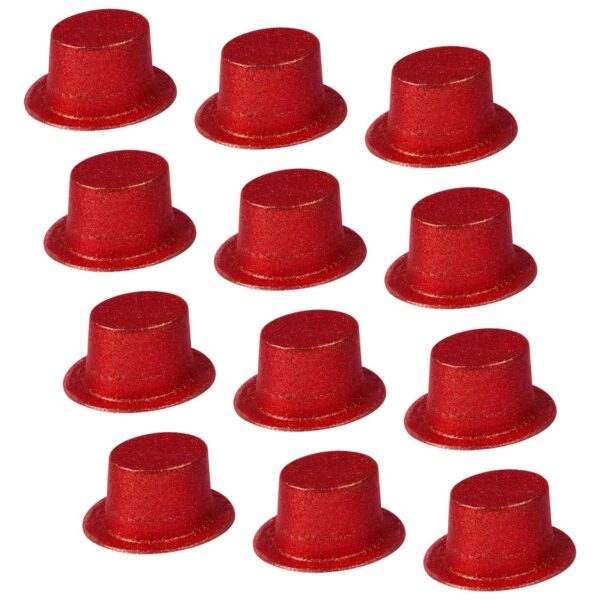 Fanno-12x GLITTER TOP HAT Fancy Party Plastic Costume Tall Cap Fun Dress Up BULK - Red