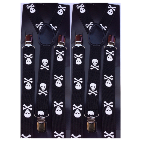 Fanno-Adjustable Men's Suspenders Braces Clip On Elastic Formal Wedding Slim Black White Skulls