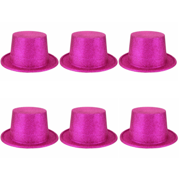 Fanno-6x Glitter Top Hat Fancy Party Plastic Costume Tall Cap Fun Bulk - Hot Pink