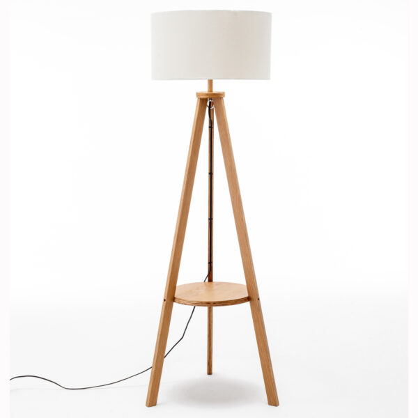 Fanno-Natural Wooden Tripod Floor Lamp with Round Shelf and Off White Linen Shade