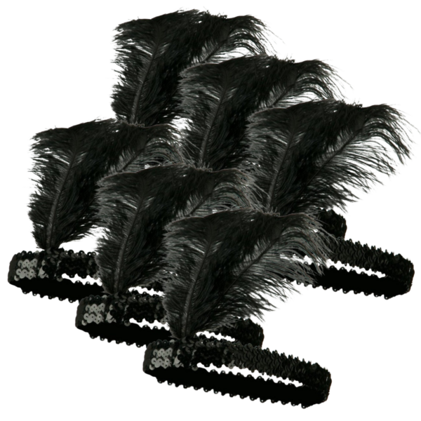 Fanno-6x 1920s FLAPPER HEADBAND Headpiece Feather Sequin Charleston Costume Party BULK - Black