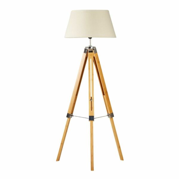 Fanno-Bamboo Tripod Floor Lamp with Beige Linen Shade Modern Vintage Home Lighting