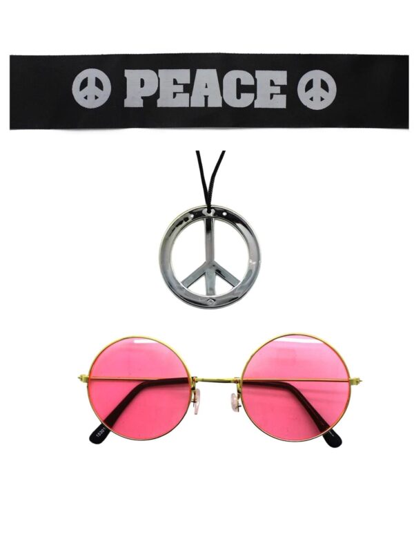 Fanno-Hippie Costume Kit with Headband Glasses and Peace Sign Necklace for Parties