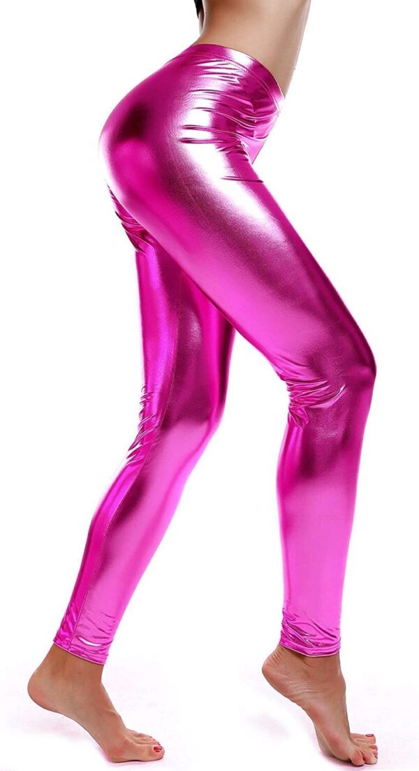 Fanno-Shiny Neon Metallic Leggings Stretch Dance Costume Fancy Dress Party Hot Pink