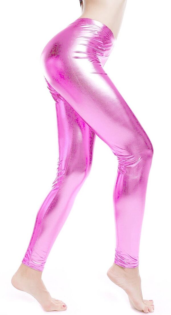 Fanno-Shiny Neon Metallic Leggings Stretch Dance Costume Fancy Dress Party Light Pink