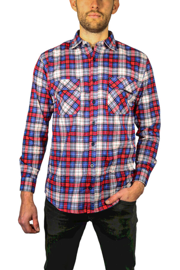 Fanno-Mens Long Sleeve Flannelette Shirt 100% Cotton Soft Flannel Check 3XL Navy Red White