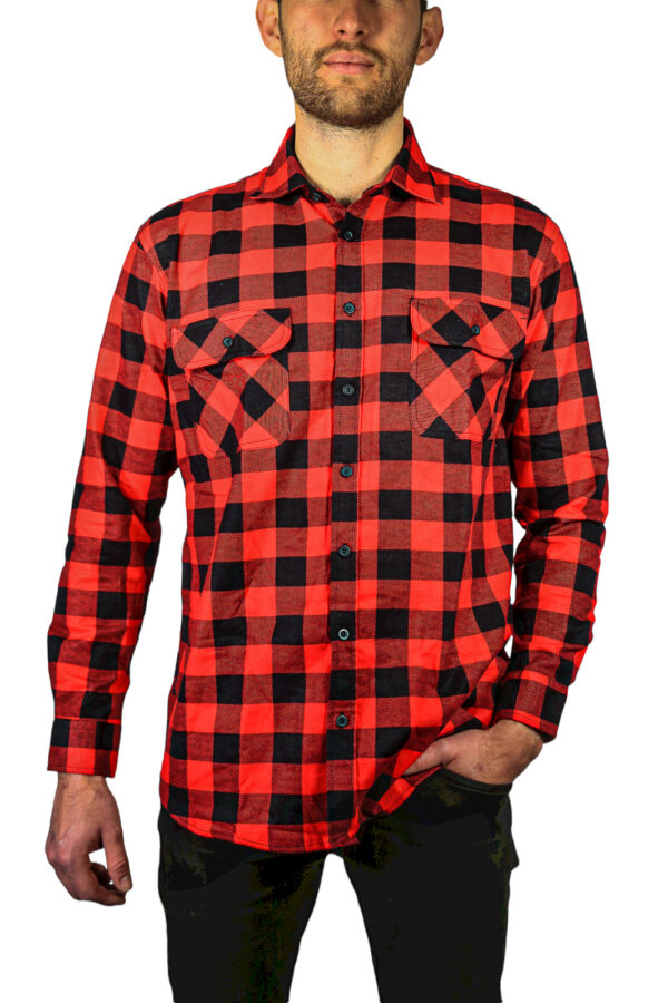 Fanno-Mens Long Sleeve Flannelette Shirt 100% Cotton Soft Checkered Red Black XXL