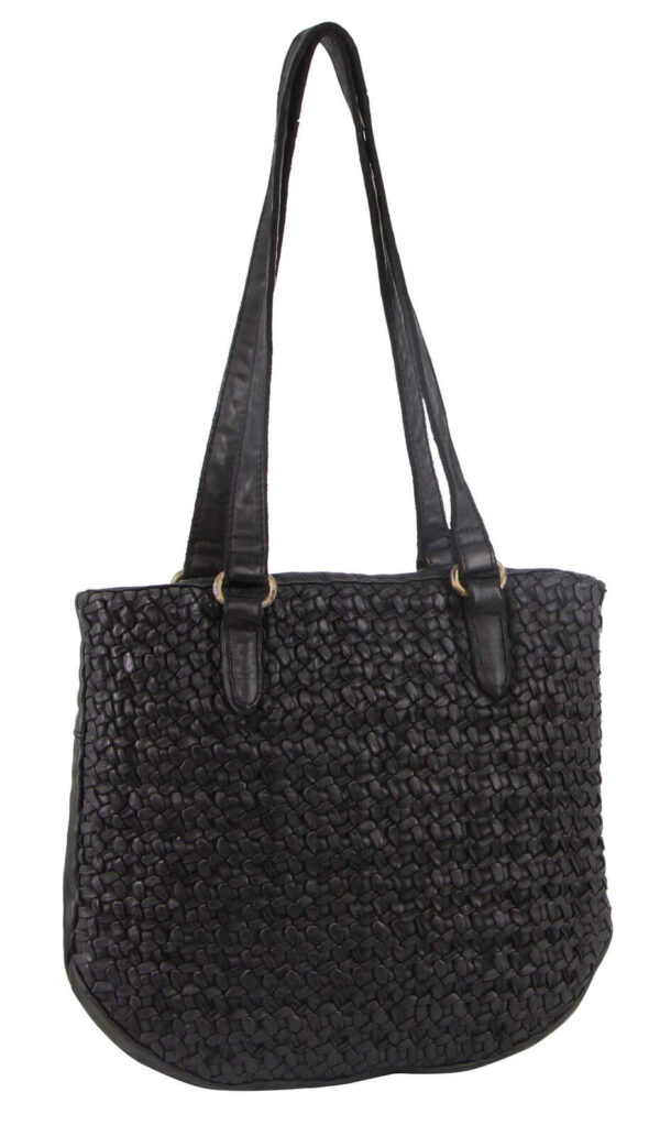 Fanno-Woven Leather Shoulder Bag for Women with Zipped Compartments and Pockets Black