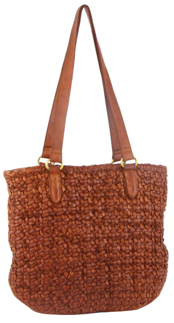 Fanno-Woven Leather Ladies Shoulder Bag Travel Carry in Cognac Color for Everyday Use