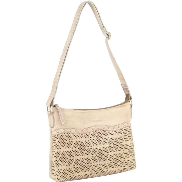 Fanno-Leather Perforated Cross-Body Bag with Adjustable Strap and Zip Closure Latte