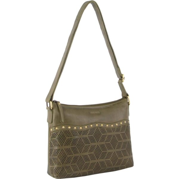 Fanno-Leather Perforated Cross-Body Bag with Adjustable Strap and Zip Closure Olive