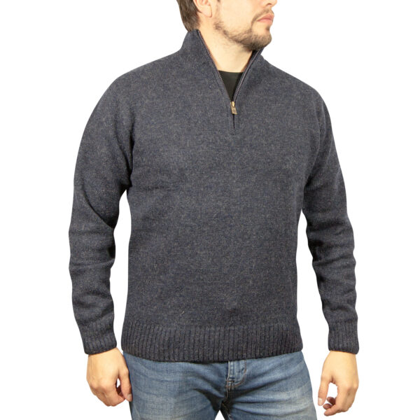 Fanno-100% Shetland Wool Half Zip Knit Jumper Pullover Sweater for Men Denim Blue 3XL