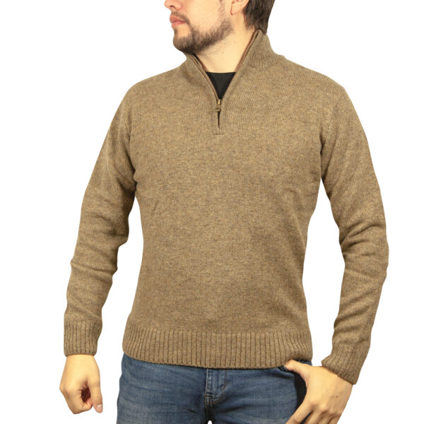 Fanno-100% Shetland Wool Half Zip Knit Jumper Pullover Sweater for Men in Nutmeg Large