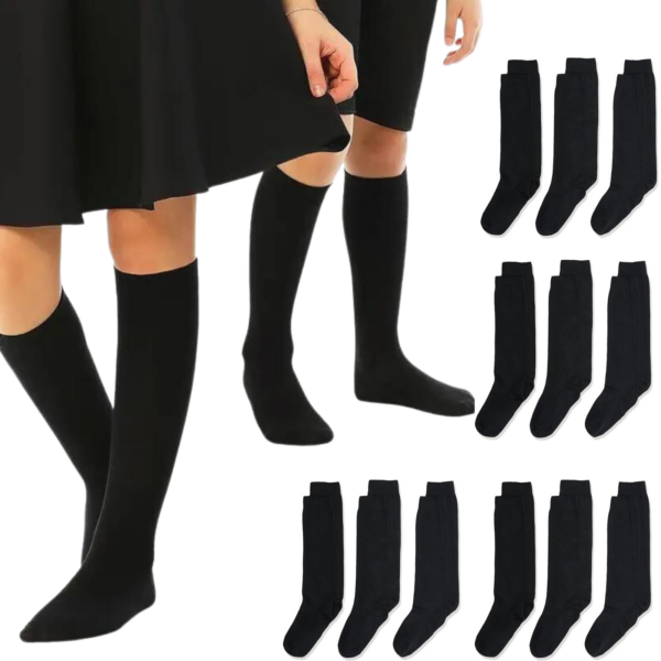 Fanno-Knee High School Uniform Socks for Kids Cotton Rich Bulk 12 Pairs Black 8-10 Years