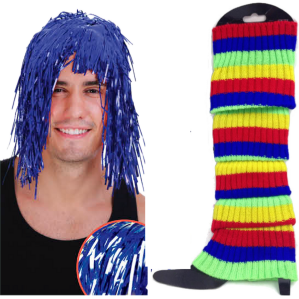 Fanno-Tinsel Metallic Wig and Rainbow Leg Warmers 70s Disco Costume Accessories Set