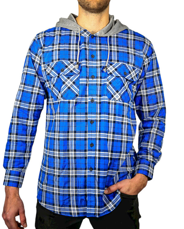 Fanno-Mens Flannelette Shirt with Hood Long Sleeve Cotton Flannel Spanish Blue 3XL