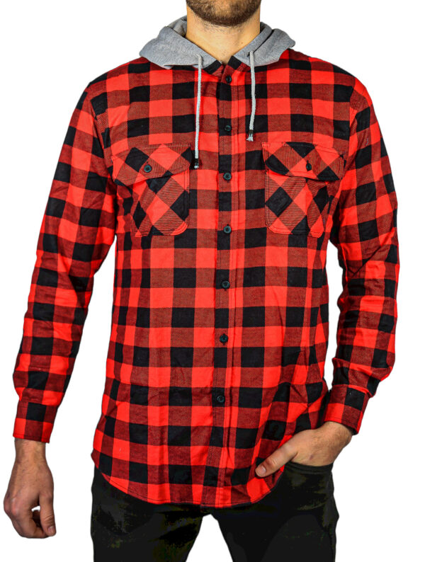 Fanno-Mens Flannelette Shirt with Hood Long Sleeve Cotton Flannel Red Black 3XL