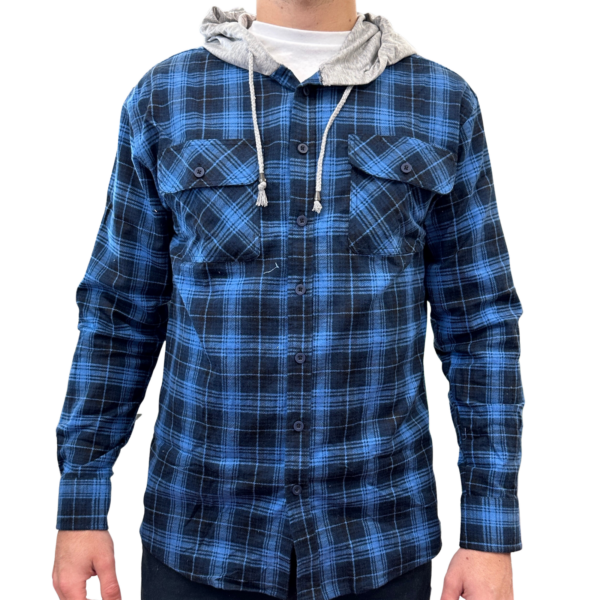 Fanno-Mens Flannelette Shirt with Hood Long Sleeve Cotton Flannel Blue XL