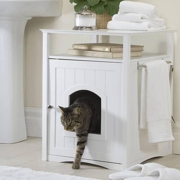 Fanno-Cat Litter Box Furniture Indoor Cat House with Storage and Towel Bar White