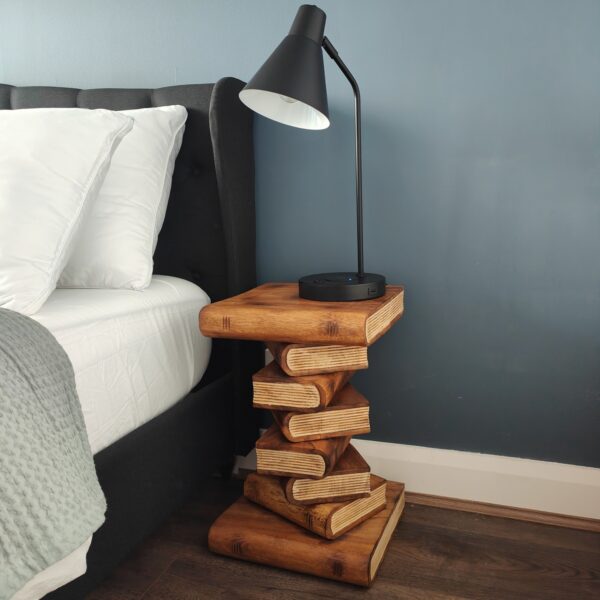 Fanno-Book Stack Design Wooden Bedside Table Corner Table Raintree Wood Natural Finish