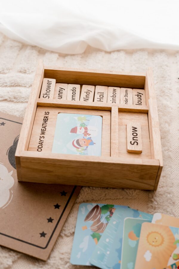 Fanno-Wooden Weather Play Set with 10 Cards and Matching Words for Kids Education