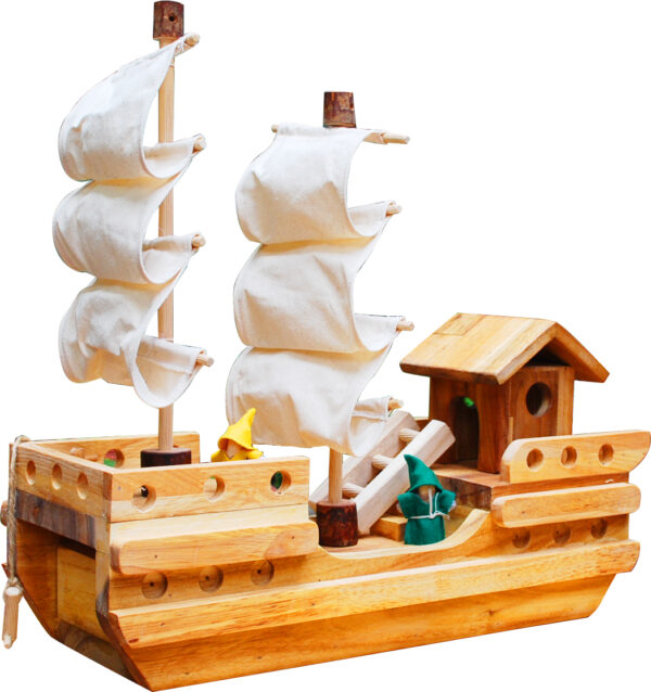 Fanno-Wooden Pirate Ship Toy with Dolls and Accessories Handmade from Non-Toxic Wood