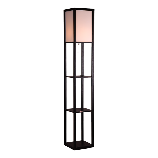 Fanno-Shelf Floor Lamp with Off-White Shade and Three Open Shelves for Display