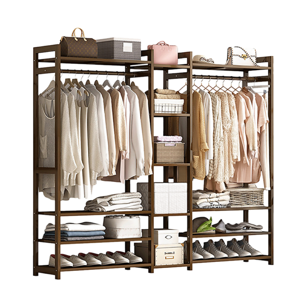 Fanno-Portable Clothes Rack Bamboo Garment Stand with Storage Shelves and Drawers