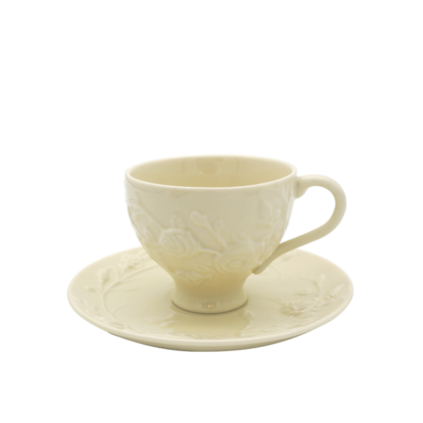 Fanno-Ceramic Tea Cup and Saucer Set 250ml Embossed Rose Design for Coffee and Tea